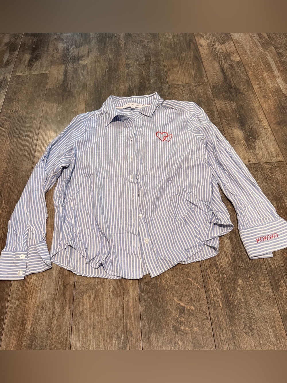 Jane and Delancey Blue and White Striped Button-Down Shirt with Red Heart Detail